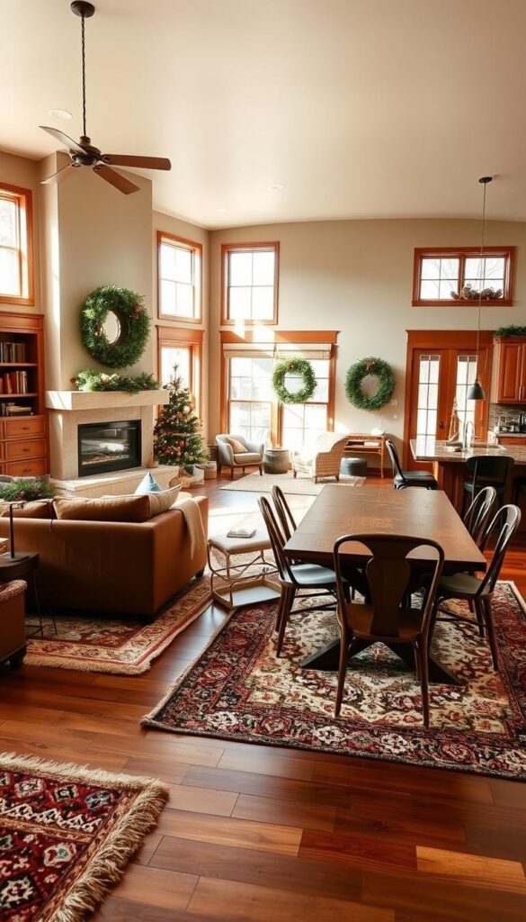 A cozy and inviting holiday home, bathed in warm, natural light and adorned with plush, textured rugs. The living room features a sleek, modern fireplace, flanked by built-in bookshelves and comfortable, oversized seating. The dining area boasts a rustic, wooden table surrounded by eclectic, mismatched chairs, creating a charming and inviting ambiance. The kitchen showcases a mix of contemporary and vintage elements, with a large, central island and a cozy, casual breakfast nook. The entire space is layered with rich, earthy tones, natural materials, and a touch of holiday cheer, exuding a sense of warmth and comfort. A cozy and inviting holiday home, bathed in warm, natural light and adorned with plush, textured rugs. The living room features a sleek, modern fireplace, flanked by built-in bookshelves and comfortable, oversized seating. The dining area boasts a rustic, wooden table surrounded by eclectic, mismatched chairs, creating a charming and inviting ambiance. The kitchen showcases a mix of contemporary and vintage elements, with a large, central island and a cozy, casual breakfast nook. The entire space is layered with rich, earthy tones, natural materials, and a touch of holiday cheer, exuding a sense of warmth and comfort.
