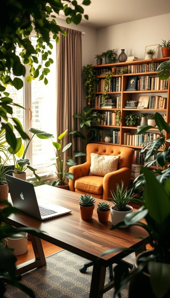 A cozy and inviting home workspace with an abundance of lush, verdant plants. The foreground showcases a sturdy, wooden desk with a sleek, minimalist design, adorned with a laptop, a cup of steaming tea, and a few artfully arranged potted succulents. The middle ground features a cozy armchair upholstered in a warm, earthy tone, positioned near a large, floor-to-ceiling window that bathes the space in soft, natural light. In the background, a bookshelf teeming with a curated collection of books and decorative elements creates a sense of intellectual depth and personal style. The overall atmosphere is one of tranquility, productivity, and a harmonious integration of nature into the workspace. A cozy and inviting home workspace with an abundance of lush, verdant plants. The foreground showcases a sturdy, wooden desk with a sleek, minimalist design, adorned with a laptop, a cup of steaming tea, and a few artfully arranged potted succulents. The middle ground features a cozy armchair upholstered in a warm, earthy tone, positioned near a large, floor-to-ceiling window that bathes the space in soft, natural light. In the background, a bookshelf teeming with a curated collection of books and decorative elements creates a sense of intellectual depth and personal style. The overall atmosphere is one of tranquility, productivity, and a harmonious integration of nature into the workspace.