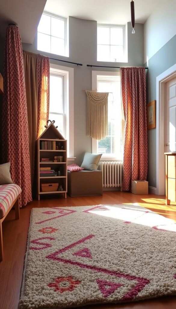 A cozy and inviting kids' room, bathed in soft, natural light streaming through large windows. In the foreground, a plush, textured area rug in a playful pattern covers the hardwood floor, complementing the colorful, patterned curtains that frame the windows. On the walls, a mix of solid and patterned fabrics create a visually interesting and tactile backdrop, with a touch of whimsy in the form of a hanging macrame wall hanging. The overall mood is one of warmth, comfort, and a sense of childhood wonder, encouraging exploration and imagination.