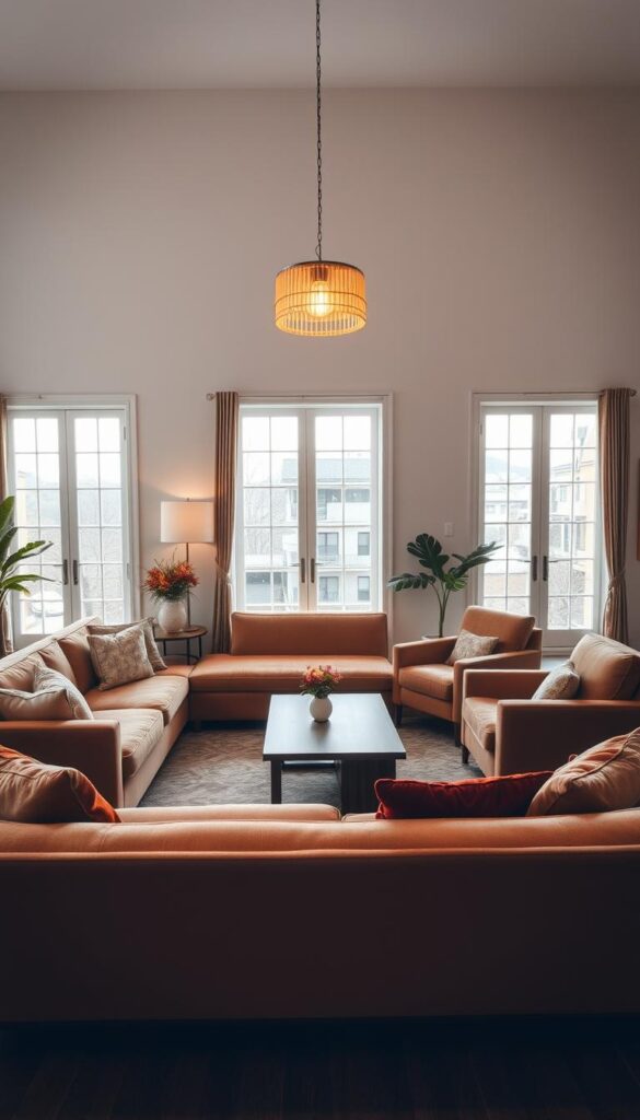 A cozy and inviting living room arrangement designed for intimate conversation. In the foreground, a plush, L-shaped sectional sofa in a warm, neutral tone, positioned to face a pair of cozy armchairs upholstered in a soft, velvet-like material. The furniture is arranged in a semicircle, creating a welcoming and conversational layout. In the middle ground, a sleek, wooden coffee table with a minimalist design anchors the seating area. Overhead, a statement pendant light casts a warm, ambient glow, illuminating the space. In the background, a pair of large windows allow natural light to filter in, giving the room a bright and airy feel. The overall atmosphere evokes a sense of comfort, relaxation, and thoughtful discussion.