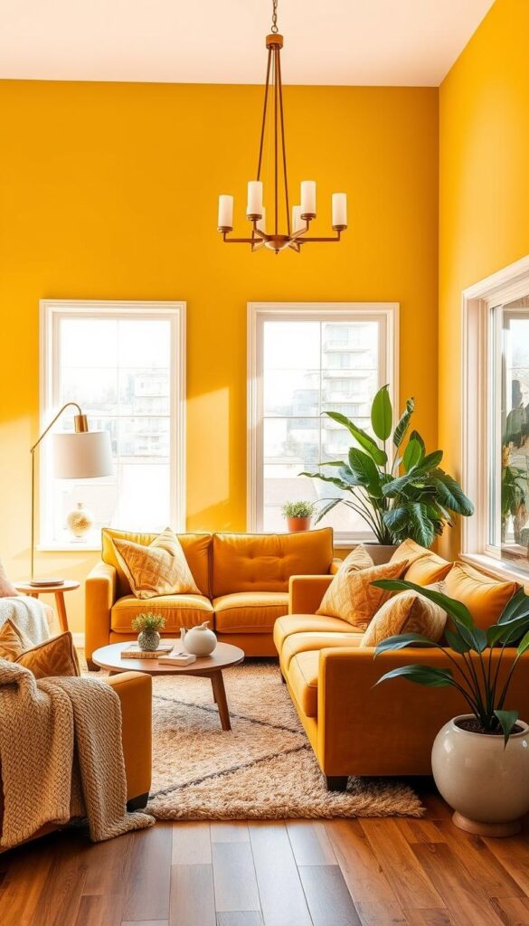 A cozy and inviting living room bathed in a warm, golden glow. The walls are painted in a rich, buttery yellow hue, creating an instant sunshine-filled atmosphere. Lush, velvet-upholstered furniture in shades of mustard and ochre sit atop a plush, textured area rug, drawing the eye inward. Soft, diffused lighting emanates from sleek, brass floor lamps and a statement chandelier, casting a gentle, ambient illumination. Large, picture windows allow natural light to flood the space, highlighting the tactile textures of knit throws and plump, decorative pillows. Lush, leafy plants in ceramic pots dot the scene, adding pops of verdant contrast. An overall sense of comfort and elegance pervades the space, inviting the viewer to sink in and bask in the warmth of the golden hues. A cozy and inviting living room bathed in a warm, golden glow. The walls are painted in a rich, buttery yellow hue, creating an instant sunshine-filled atmosphere. Lush, velvet-upholstered furniture in shades of mustard and ochre sit atop a plush, textured area rug, drawing the eye inward. Soft, diffused lighting emanates from sleek, brass floor lamps and a statement chandelier, casting a gentle, ambient illumination. Large, picture windows allow natural light to flood the space, highlighting the tactile textures of knit throws and plump, decorative pillows. Lush, leafy plants in ceramic pots dot the scene, adding pops of verdant contrast. An overall sense of comfort and elegance pervades the space, inviting the viewer to sink in and bask in the warmth of the golden hues.