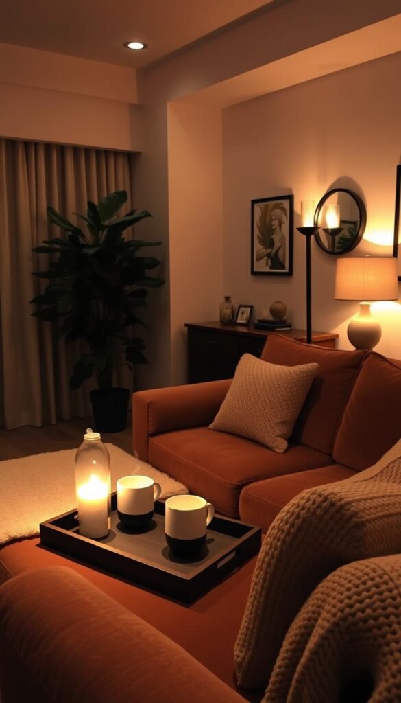 A cozy and inviting living room bathed in warm, ambient lighting. The space features a plush, oversized sofa in a rich, earthy tone, accented by textured throw pillows and a soft, knitted blanket. On the coffee table, a tray holds a steaming mug and a scented candle, casting a gentle glow. In the corner, a tall, leafy houseplant adds a natural touch, while a wooden side table supports a table lamp with a fabric shade. The walls are painted in a soothing, neutral hue, and tasteful wall decor, such as framed artwork or mirrors, completes the sophisticated yet comfortable atmosphere. Soft, diffused lighting from floor lamps and recessed fixtures illuminates the space, creating a sense of intimacy and relaxation. A cozy and inviting living room bathed in warm, ambient lighting. The space features a plush, oversized sofa in a rich, earthy tone, accented by textured throw pillows and a soft, knitted blanket. On the coffee table, a tray holds a steaming mug and a scented candle, casting a gentle glow. In the corner, a tall, leafy houseplant adds a natural touch, while a wooden side table supports a table lamp with a fabric shade. The walls are painted in a soothing, neutral hue, and tasteful wall decor, such as framed artwork or mirrors, completes the sophisticated yet comfortable atmosphere. Soft, diffused lighting from floor lamps and recessed fixtures illuminates the space, creating a sense of intimacy and relaxation.