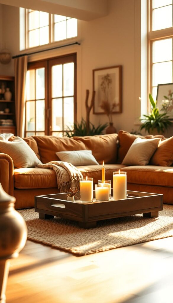 A cozy and inviting living room bathed in warm, golden hues. The space is illuminated by soft, natural lighting filtering through large windows, casting a comforting glow on the room. In the foreground, a plush, overstuffed sofa in a rich, earthy tone invites visitors to sink in and relax. Complementary textures, such as a woven throw blanket and decorative pillows, add depth and tactility. In the middle ground, a wooden coffee table holds a tray of aromatic candles, their flames flickering and casting dancing shadows. The background features natural elements like potted plants and framed artwork in complementary color palettes, creating a harmonious and soothing atmosphere. Overall, the scene exudes a sense of comfort, tranquility, and psychological warmth. A cozy and inviting living room bathed in warm, golden hues. The space is illuminated by soft, natural lighting filtering through large windows, casting a comforting glow on the room. In the foreground, a plush, overstuffed sofa in a rich, earthy tone invites visitors to sink in and relax. Complementary textures, such as a woven throw blanket and decorative pillows, add depth and tactility. In the middle ground, a wooden coffee table holds a tray of aromatic candles, their flames flickering and casting dancing shadows. The background features natural elements like potted plants and framed artwork in complementary color palettes, creating a harmonious and soothing atmosphere. Overall, the scene exudes a sense of comfort, tranquility, and psychological warmth.