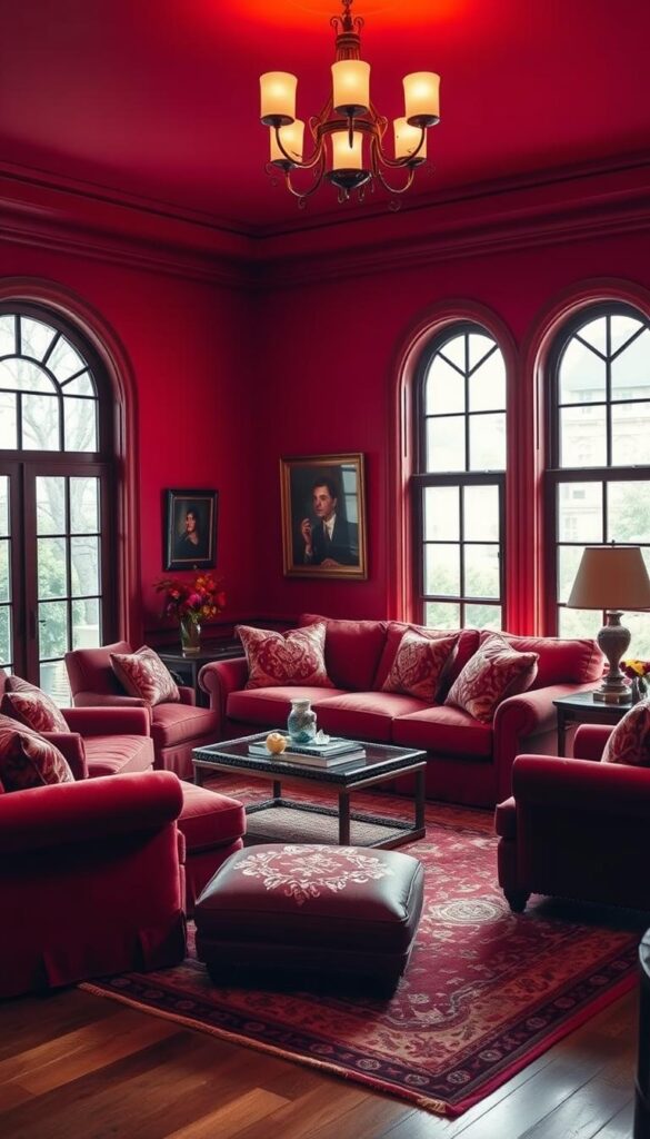 A cozy and inviting living room filled with a warm, vibrant color scheme. The room is bathed in soft, diffused lighting that creates a welcoming and relaxing atmosphere. The walls are painted in a deep, rich red tone, accentuated by plush, textured furnishings in complementary shades of crimson and burgundy. A large, comfortable sofa takes center stage, surrounded by accent chairs and ottomans that invite guests to sink in and unwind. Elegant, ornate details, such as intricate throw pillows and a decorative area rug, add depth and character to the space. The room is framed by large, picture windows that allow natural light to flood in, casting a gentle glow and highlighting the room's luxurious textures. The overall effect is a harmonious, enveloping space that exudes warmth, coziness, and a sense of sophisticated relaxation. A cozy and inviting living room filled with a warm, vibrant color scheme. The room is bathed in soft, diffused lighting that creates a welcoming and relaxing atmosphere. The walls are painted in a deep, rich red tone, accentuated by plush, textured furnishings in complementary shades of crimson and burgundy. A large, comfortable sofa takes center stage, surrounded by accent chairs and ottomans that invite guests to sink in and unwind. Elegant, ornate details, such as intricate throw pillows and a decorative area rug, add depth and character to the space. The room is framed by large, picture windows that allow natural light to flood in, casting a gentle glow and highlighting the room's luxurious textures. The overall effect is a harmonious, enveloping space that exudes warmth, coziness, and a sense of sophisticated relaxation.