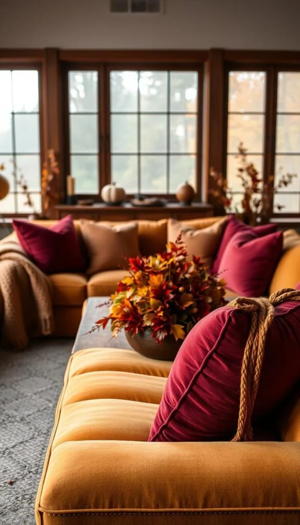 A cozy and inviting living room filled with the warm hues of autumn. The foreground features a plush velvet sofa in a deep ochre tone, accented by throw pillows in rich burgundy and rust tones. A knit blanket in a muted terracotta shade drapes over the arm of the sofa. In the middle ground, a wooden coffee table holds a centerpiece of vibrant fall foliage in shades of crimson, gold, and amber. Framing the scene, the background showcases large windows that allow natural light to pour in, illuminating the room and casting a soft, diffused glow. The overall mood is one of comfort, coziness, and the embrace of the changing seasons.