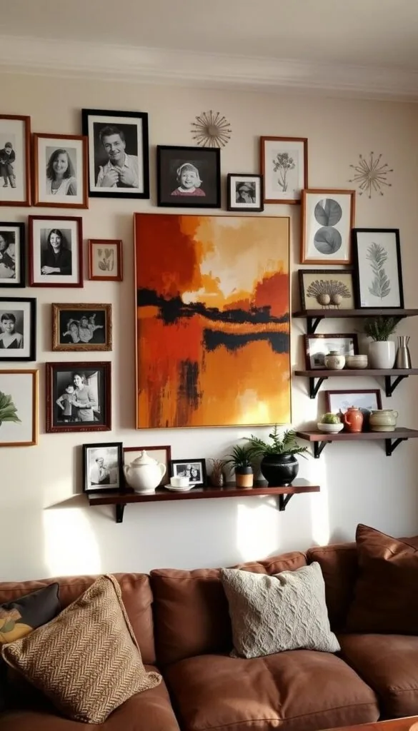 A cozy and inviting living room wall display featuring an eclectic mix of framed artwork, photographs, and decorative objects. The centerpiece is a large abstract painting in warm hues, flanked by black and white family portraits and nature-inspired wall hangings. Carefully curated shelves showcase ceramics, plants, and personal mementos, creating a visually striking yet harmonious composition. Soft, directional lighting highlights the textures and shadows, adding depth and a sense of coziness to the scene. The overall mood is one of warmth, creativity, and a celebration of the homeowner's unique style and personal story.