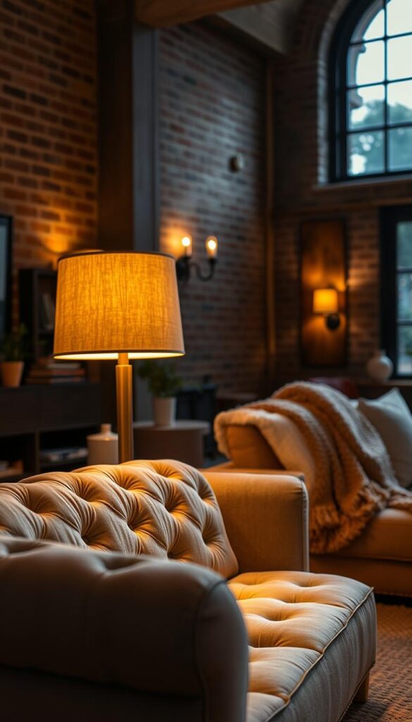 A cozy and inviting living room with warm, textured lighting. The foreground features a plush, tufted velvet sofa bathed in a soft, golden glow from a floor lamp with a linen shade. In the middle ground, decorative wall sconces cast a gentle, flickering light over natural, woven textures like a wool blanket and a jute rug. The background showcases exposed brick walls and a large window, allowing natural daylight to filter in and create a layered, ambient atmosphere. The overall mood is one of comfort, depth, and a cohesive, soothing aesthetic. A cozy and inviting living room with warm, textured lighting. The foreground features a plush, tufted velvet sofa bathed in a soft, golden glow from a floor lamp with a linen shade. In the middle ground, decorative wall sconces cast a gentle, flickering light over natural, woven textures like a wool blanket and a jute rug. The background showcases exposed brick walls and a large window, allowing natural daylight to filter in and create a layered, ambient atmosphere. The overall mood is one of comfort, depth, and a cohesive, soothing aesthetic.
