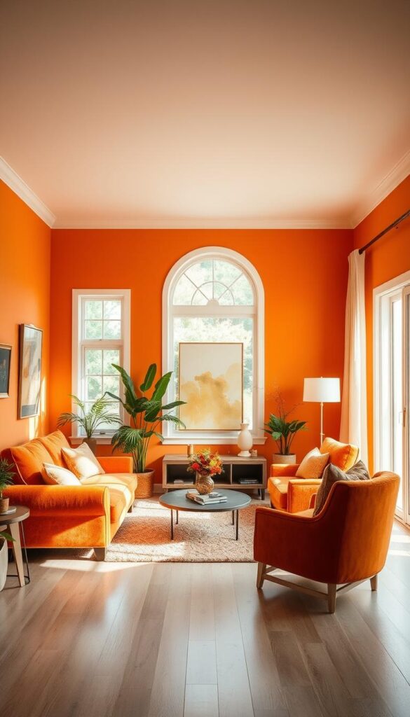 A cozy and inviting living room with warm, vibrant orange hues adorning the walls. The space is bathed in soft, diffused lighting, creating a welcoming and comfortable atmosphere. Plush, textured furnishings in complementary tones, such as a deep burnt orange sofa and accent chairs, add to the overall sense of coziness. Pops of earthy tones, like natural wood accents and potted plants, provide balance and depth to the composition. The room is framed by large windows that allow natural light to flood in, enhancing the cheerful and energetic ambiance. The overall scene evokes a sense of relaxation and contentment, perfectly capturing the essence of an "Orange Color Palette for Energetic Comfort." A cozy and inviting living room with warm, vibrant orange hues adorning the walls. The space is bathed in soft, diffused lighting, creating a welcoming and comfortable atmosphere. Plush, textured furnishings in complementary tones, such as a deep burnt orange sofa and accent chairs, add to the overall sense of coziness. Pops of earthy tones, like natural wood accents and potted plants, provide balance and depth to the composition. The room is framed by large windows that allow natural light to flood in, enhancing the cheerful and energetic ambiance. The overall scene evokes a sense of relaxation and contentment, perfectly capturing the essence of an "Orange Color Palette for Energetic Comfort."