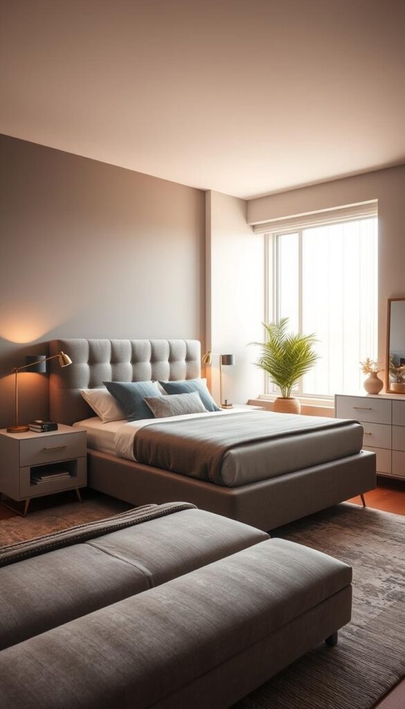 A cozy and inviting modern bedroom featuring a tasteful platform bed with a plush gray upholstered headboard, complemented by sleek side tables with minimalist lamps. The room is bathed in warm, soft lighting from a large window, creating a serene and relaxing atmosphere. Nearby, a stylish dresser with clean lines and a modern mirror add to the refined, yet comfortable aesthetic. The overall design exudes a sense of understated elegance and sophistication.