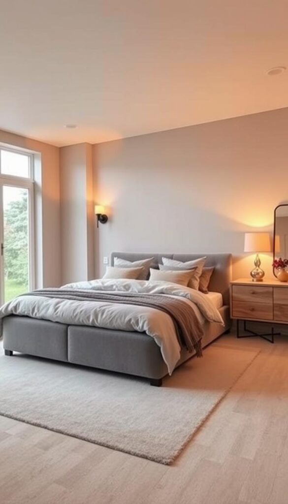 A cozy and inviting modern bedroom with a soft, muted color palette. The walls are painted in a warm, light gray hue, creating a soothing and tranquil atmosphere. A plush, gray upholstered bed takes center stage, adorned with cloud-like bedding and pillows in complementary tones. Warm wooden accents, such as a bedside table and a low-profile dresser, add depth and character to the space. Indirect lighting from sconces and a floor lamp casts a gentle glow, enhancing the cozy ambiance. Large windows allow natural light to filter in, creating a bright and airy feel. The overall aesthetic is both stylish and comforting, perfectly capturing the essence of a modern, yet cozy bedroom.