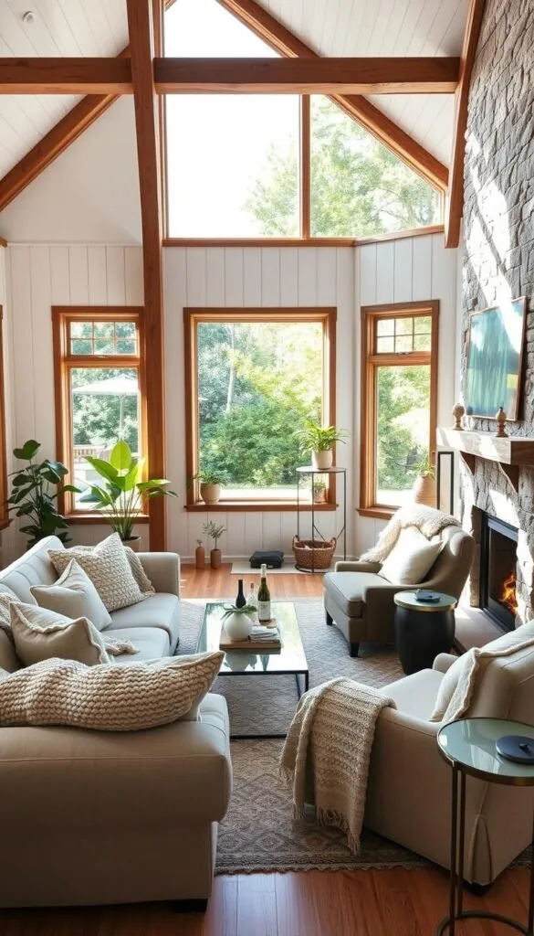 A cozy and inviting modern cottage living room, bathed in warm natural light from large windows overlooking a lush garden. Plush, neutral-toned furniture - a deep, tufted sofa, chunky knit blankets, and an overstuffed armchair - create a comfortable seating area. Rustic wooden beams and whitewashed wood paneling lend a farmhouse-inspired aesthetic, while sleek, minimalist side tables and a glass-topped coffee table add a contemporary touch. A stone fireplace with a simple mantel anchors the space, its flickering flames casting a soft, ambient glow. Vibrant, verdant potted plants and subtle, earthy-toned accents complete the tranquil, harmonious scene.