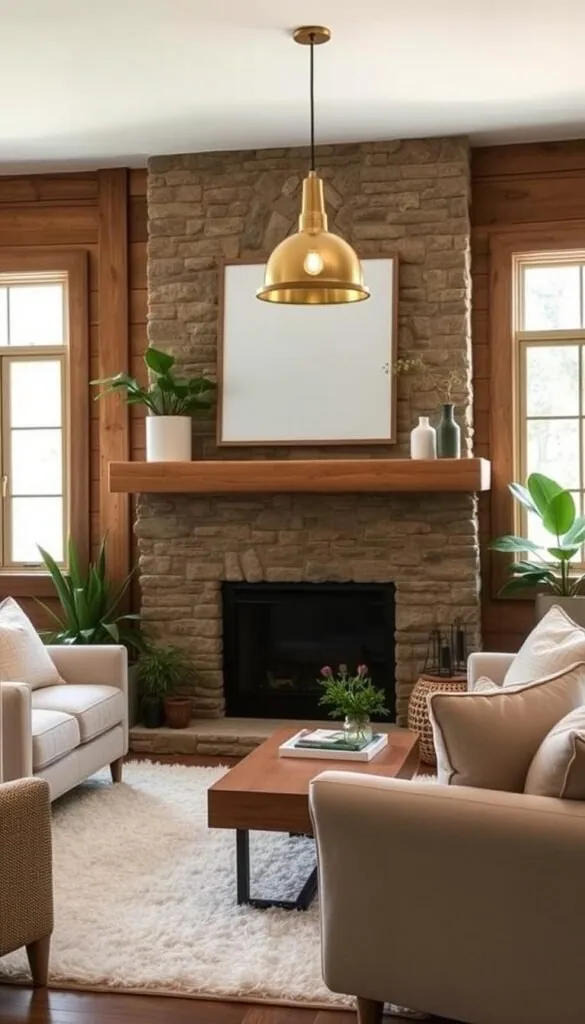 A cozy and inviting modern cottage-style living room with natural wood accents, plush linen-upholstered furniture, and a rustic stone fireplace as the focal point. Soft lighting from a large window and a simple brass pendant lamp create a warm and welcoming atmosphere. The room features a neutral color palette with pops of greenery, complemented by textured throw pillows and a fluffy area rug. The overall aesthetic is effortlessly chic and budget-friendly, blending classic cottage charm with clean, contemporary design.