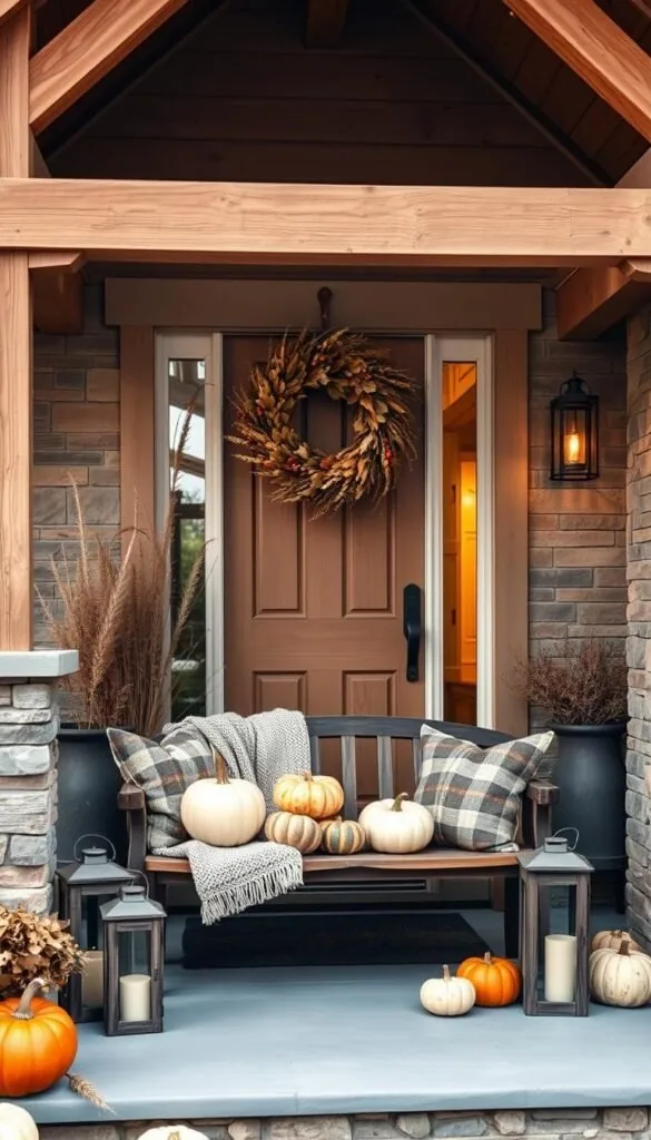 A cozy and inviting modern farmhouse porch, adorned with rustic wood beams, stone accents, and a charming wraparound railing. The scene is set with autumnal decor, including a large wreath made of dried leaves, wheat, and berries hanging from the front door. Beside it, a wooden bench displays an assortment of pumpkins and gourds in muted earth tones, complemented by a knitted throw and weathered lanterns. The porch is illuminated by soft, warm lighting, casting a golden glow over the entire scene and creating an atmosphere of chic, yet comforting, Halloween style.