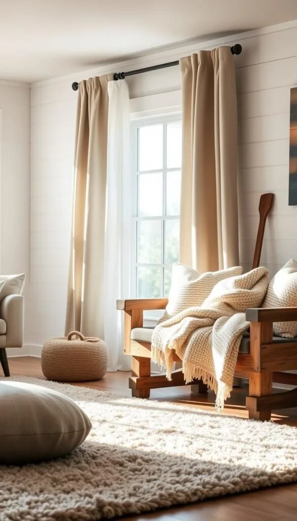 A cozy and inviting modern farmhouse-style living room, bathed in soft, natural light. In the foreground, a plush area rug in a muted neutral palette, complemented by richly textured throw pillows and a chunky knit blanket draped over a rustic wooden bench. In the middle ground, a linen curtain panel gently billows in the breeze, its delicate folds catching the light. The background features a whitewashed shiplap wall, with subtle hints of natural wood elements, creating a warm and welcoming atmosphere. The overall scene evokes a sense of comfort, craftsmanship, and a touch of rustic charm.