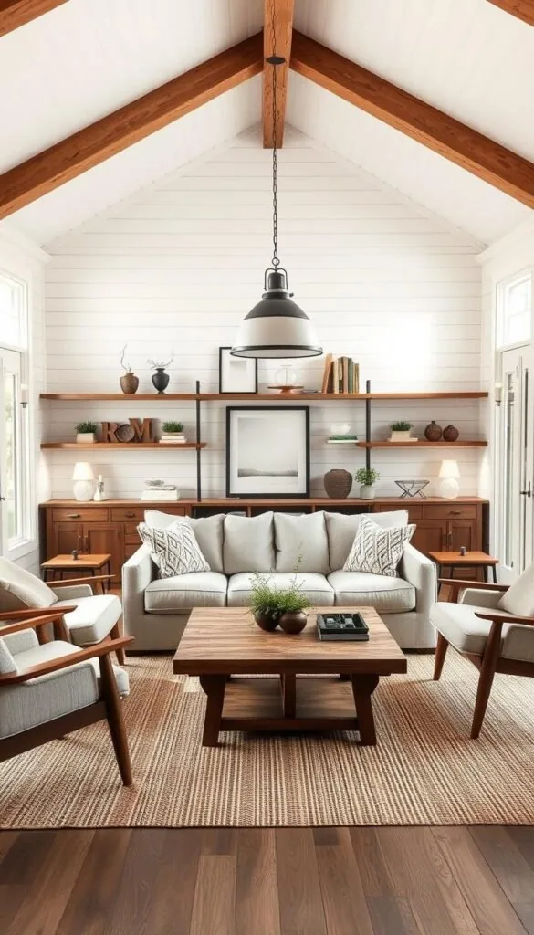 A cozy and inviting modern farmhouse-style living room. The focal point is a large, plush sofa upholstered in a neutral linen-like fabric, flanked by mid-century modern accent chairs in a complementary color palette. A rustic wood coffee table sits atop a natural fiber area rug, surrounded by wooden shelving displaying decorative items. Warm lighting from a pendant lamp and sconces creates a welcoming ambiance. The room features white shiplap walls, exposed wooden beams, and large windows that allow natural light to flood the space. Soft textures, earthy tones, and a mix of vintage and contemporary furnishings create a harmonious, farmhouse-chic aesthetic.