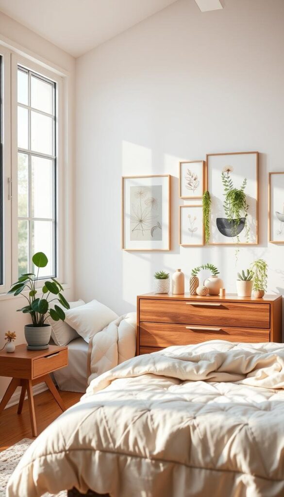 A cozy and inviting modern girl's bedroom, bathed in soft natural light streaming through large windows. The foreground features a stylish bed adorned with plush textiles and pillows, complemented by a tasteful nightstand with a lush potted plant. In the middle ground, a sleek wooden dresser displays an assortment of decorative items, including more greenery in the form of trailing vines and miniature succulents. The background showcases a gallery wall with a mix of abstract art and framed botanical prints, creating a serene and nature-inspired ambiance. The overall composition conveys a sense of harmony, tranquility, and a connection to the natural world.