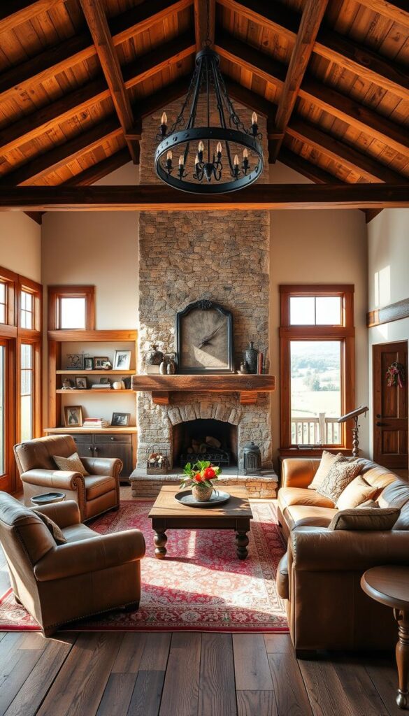 A cozy and inviting rustic farmhouse living room bathed in warm, natural light. The focal point is a large stone fireplace with a rough-hewn mantel, flanked by reclaimed wood shelving displaying antique trinkets and family photos. Plush, earthy-toned furnishings, including a deep leather sofa and armchairs, create a comfortable seating area. Vintage area rugs and distressed wood floors lend an aged, weathered charm. Tall windows offer scenic views of a lush, rolling countryside. Overhead, exposed wooden beams support a vaulted ceiling, while a wrought-iron chandelier casts a soft, ambient glow. The overall atmosphere evokes a sense of rustic elegance and timeless, country-inspired style. A cozy and inviting rustic farmhouse living room bathed in warm, natural light. The focal point is a large stone fireplace with a rough-hewn mantel, flanked by reclaimed wood shelving displaying antique trinkets and family photos. Plush, earthy-toned furnishings, including a deep leather sofa and armchairs, create a comfortable seating area. Vintage area rugs and distressed wood floors lend an aged, weathered charm. Tall windows offer scenic views of a lush, rolling countryside. Overhead, exposed wooden beams support a vaulted ceiling, while a wrought-iron chandelier casts a soft, ambient glow. The overall atmosphere evokes a sense of rustic elegance and timeless, country-inspired style.