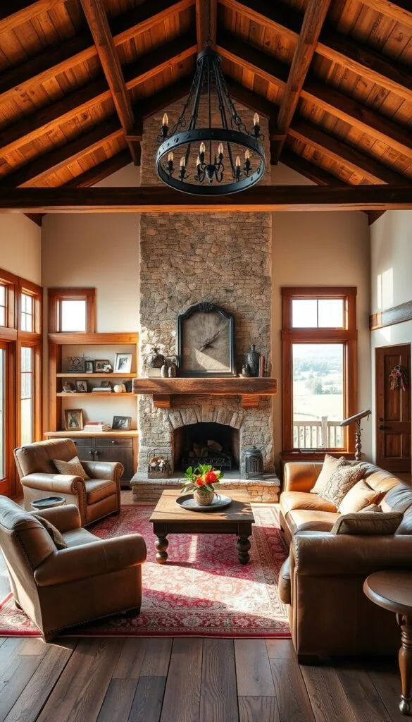 A cozy and inviting rustic farmhouse living room bathed in warm, natural light. The focal point is a large stone fireplace with a rough-hewn mantel, flanked by reclaimed wood shelving displaying antique trinkets and family photos. Plush, earthy-toned furnishings, including a deep leather sofa and armchairs, create a comfortable seating area. Vintage area rugs and distressed wood floors lend an aged, weathered charm. Tall windows offer scenic views of a lush, rolling countryside. Overhead, exposed wooden beams support a vaulted ceiling, while a wrought-iron chandelier casts a soft, ambient glow. The overall atmosphere evokes a sense of rustic elegance and timeless, country-inspired style.