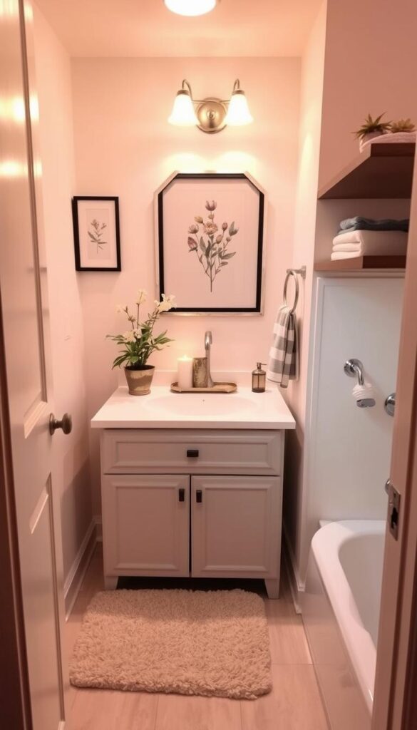A cozy and inviting small bathroom, bathed in warm, diffused lighting. On the vanity, simple yet elegant decor items like a potted plant, a decorative tray, and a few candles create a serene atmosphere. The walls are adorned with framed botanical prints, adding a touch of natural beauty. A plush, textured bath mat complements the neutral color scheme, while a floating shelf displays a few tasteful accessories. The overall look is effortlessly chic, showcasing how affordable, thoughtful decor can transform a compact bathroom into a relaxing oasis.