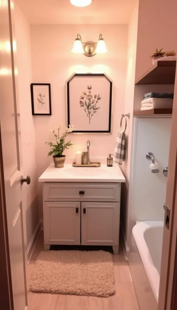 A cozy and inviting small bathroom, bathed in warm, diffused lighting. On the vanity, simple yet elegant decor items like a potted plant, a decorative tray, and a few candles create a serene atmosphere. The walls are adorned with framed botanical prints, adding a touch of natural beauty. A plush, textured bath mat complements the neutral color scheme, while a floating shelf displays a few tasteful accessories. The overall look is effortlessly chic, showcasing how affordable, thoughtful decor can transform a compact bathroom into a relaxing oasis.