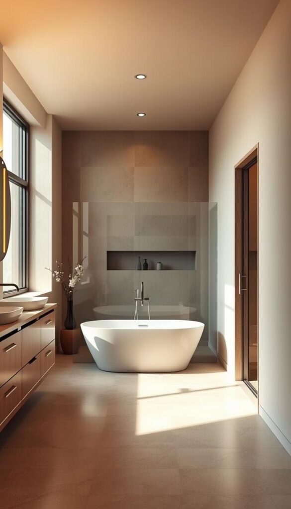 A cozy and inviting small bathroom interior, with warm lighting and a minimalist yet stylish design. The foreground features a freestanding bathtub positioned in the center, surrounded by elegant tile flooring and a sleek vanity with a modern sink and fixtures. The middle ground showcases a large window, allowing natural light to flood the space and create a sense of openness. The background includes a frameless glass shower enclosure, complemented by a simple yet effective storage solution, such as floating shelves or a recessed niche. The overall atmosphere evokes a spa-like ambiance, with muted color tones and natural textures enhancing the tranquil and relaxing vibe. A cozy and inviting small bathroom interior, with warm lighting and a minimalist yet stylish design. The foreground features a freestanding bathtub positioned in the center, surrounded by elegant tile flooring and a sleek vanity with a modern sink and fixtures. The middle ground showcases a large window, allowing natural light to flood the space and create a sense of openness. The background includes a frameless glass shower enclosure, complemented by a simple yet effective storage solution, such as floating shelves or a recessed niche. The overall atmosphere evokes a spa-like ambiance, with muted color tones and natural textures enhancing the tranquil and relaxing vibe.