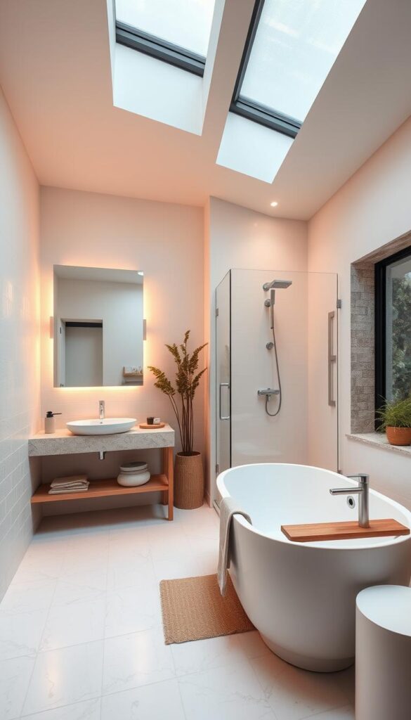 A cozy and inviting small bathroom, its elegant minimalist design accentuated by soft, warm lighting. A large vanity mirror reflects the space, creating an illusion of depth. Sleek white tiles line the walls, complemented by textured natural stone accents. A modern, freestanding bathtub sits adjacent to a frameless glass shower enclosure, allowing the room to flow seamlessly. Carefully placed plants and natural wood accents add a touch of organic warmth, while a skylight or large window floods the room with natural light. The overall atmosphere is one of tranquility and spa-like serenity, showcasing how thoughtful design can transform even the most compact of bathroom spaces.