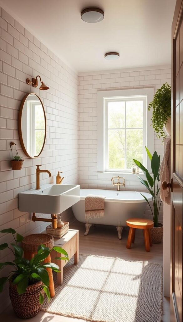 A cozy and inviting small bathroom with a rustic, minimalist design. Soft natural lighting filters through a large window, casting a warm glow on the white subway tile walls and a sleek floating vanity with a chic vessel sink. A simple brass faucet and accent mirror add touches of elegance. The room features a compact clawfoot tub in the corner, with a small wood stool nearby for storage or seating. Lush potted greenery and a plush textured rug complete the serene, spa-like atmosphere.