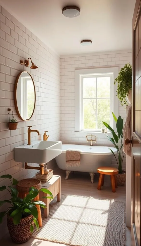 A cozy and inviting small bathroom with a rustic, minimalist design. Soft natural lighting filters through a large window, casting a warm glow on the white subway tile walls and a sleek floating vanity with a chic vessel sink. A simple brass faucet and accent mirror add touches of elegance. The room features a compact clawfoot tub in the corner, with a small wood stool nearby for storage or seating. Lush potted greenery and a plush textured rug complete the serene, spa-like atmosphere.