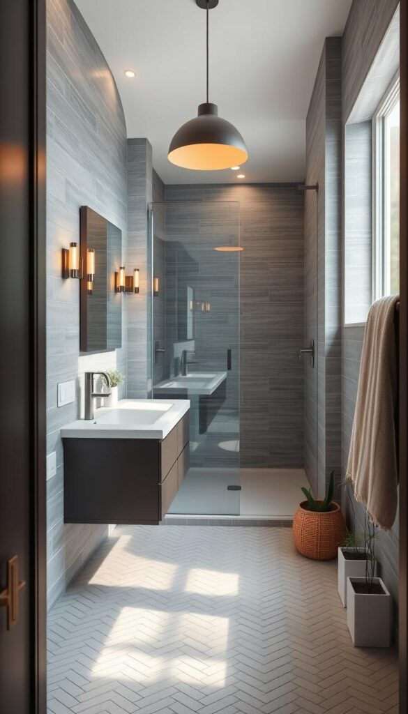 A cozy and inviting small bathroom with modern fixtures and natural light. A floating vanity with a sleek white countertop and undermounted sink, complemented by a large mirror that brightens the space. The tiled floor in a herringbone pattern leads to a walk-in shower with a glass enclosure, creating a seamless and spacious feel. Soft, ambient lighting from wall sconces and a minimalist pendant fixture overhead set a calming mood. Textured gray wall tiles provide visual interest, while potted plants and a fluffy towel add warmth and personality to the design.