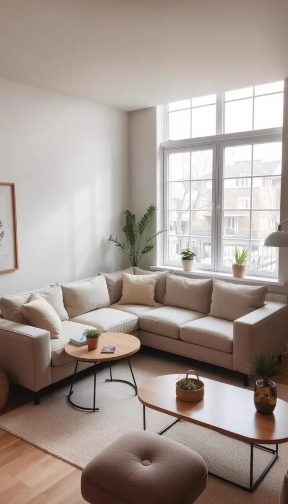 A cozy and inviting small living room featuring a sleek, L-shaped corner sectional sofa. The sofa, upholstered in a neutral, muted tone, nestles cozily in the corner, maximizing the available floor space. Soft, diffused lighting filters in through large windows, casting a warm, intimate glow. Minimalist decor, including a simple wooden coffee table and potted plants, complement the layout, creating a balanced and harmonious atmosphere. The room's neutral color palette and clean lines give it a serene, contemporary feel, while the strategic furniture placement showcases how a corner sectional can elegantly transform a compact space.