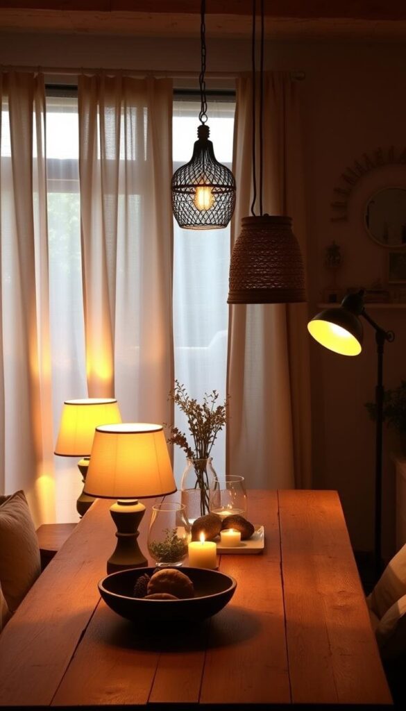 A cozy and inviting summer interior, bathed in natural light filtering through linen curtains. Artfully placed table lamps emit a warm, ambient glow, casting a soft, golden hue throughout the room. Decorative pendants hang elegantly above a wooden dining table, complementing the rustic charm of the space. Strategically positioned floor lamps accentuate the contrast between light and shadow, creating a sense of depth and dimension. The overall atmosphere is one of relaxation and tranquility, perfectly suited for a summer evening gathering. A cozy and inviting summer interior, bathed in natural light filtering through linen curtains. Artfully placed table lamps emit a warm, ambient glow, casting a soft, golden hue throughout the room. Decorative pendants hang elegantly above a wooden dining table, complementing the rustic charm of the space. Strategically positioned floor lamps accentuate the contrast between light and shadow, creating a sense of depth and dimension. The overall atmosphere is one of relaxation and tranquility, perfectly suited for a summer evening gathering.