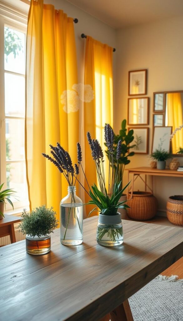 A cozy and inviting summer office decor, bathed in warm, natural lighting that streams through large windows. In the foreground, a rustic wooden desk with a lush potted plant, a decorative glass vase holding fresh lavender sprigs, and an aroma diffuser emitting calming essential oils. On the middle ground, breezy curtains in a cheerful yellow hue sway gently, creating a relaxing, sun-dappled ambiance. The backdrop features a gallery wall with framed botanical prints and a large mirror that reflects the natural elements, amplifying the sense of airiness and serenity. Subtle yet impactful details like a woven basket, a plush area rug, and touches of greenery throughout complete the tranquil, nature-inspired scene. A cozy and inviting summer office decor, bathed in warm, natural lighting that streams through large windows. In the foreground, a rustic wooden desk with a lush potted plant, a decorative glass vase holding fresh lavender sprigs, and an aroma diffuser emitting calming essential oils. On the middle ground, breezy curtains in a cheerful yellow hue sway gently, creating a relaxing, sun-dappled ambiance. The backdrop features a gallery wall with framed botanical prints and a large mirror that reflects the natural elements, amplifying the sense of airiness and serenity. Subtle yet impactful details like a woven basket, a plush area rug, and touches of greenery throughout complete the tranquil, nature-inspired scene.