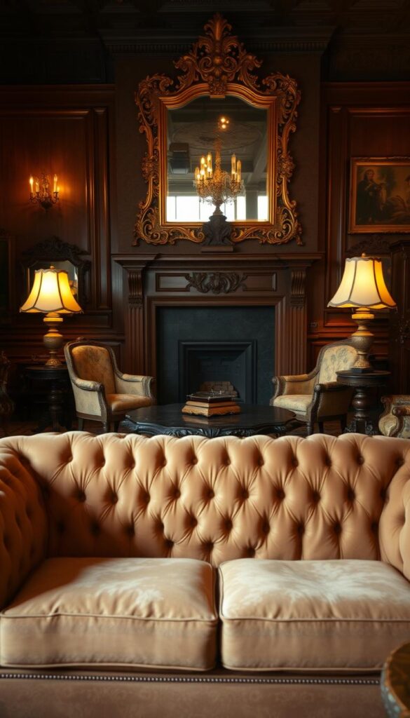 A cozy and inviting vintage living room filled with antique furniture and elegant decor. In the foreground, a plush, tufted chesterfield sofa in a rich, muted tone sits prominently, complemented by a pair of matching armchairs. In the middle ground, a beautifully carved, dark wood coffee table with intricate detailing is flanked by vintage lamps with ornate bases and shades. The background features a large, ornate fireplace mantel with delicate moldings, above which hangs a magnificent, gilded mirror that reflects the warm, ambient lighting. The overall atmosphere is one of timeless sophistication and understated luxury, creating a welcoming and immersive vintage aesthetic. A cozy and inviting vintage living room filled with antique furniture and elegant decor. In the foreground, a plush, tufted chesterfield sofa in a rich, muted tone sits prominently, complemented by a pair of matching armchairs. In the middle ground, a beautifully carved, dark wood coffee table with intricate detailing is flanked by vintage lamps with ornate bases and shades. The background features a large, ornate fireplace mantel with delicate moldings, above which hangs a magnificent, gilded mirror that reflects the warm, ambient lighting. The overall atmosphere is one of timeless sophistication and understated luxury, creating a welcoming and immersive vintage aesthetic.