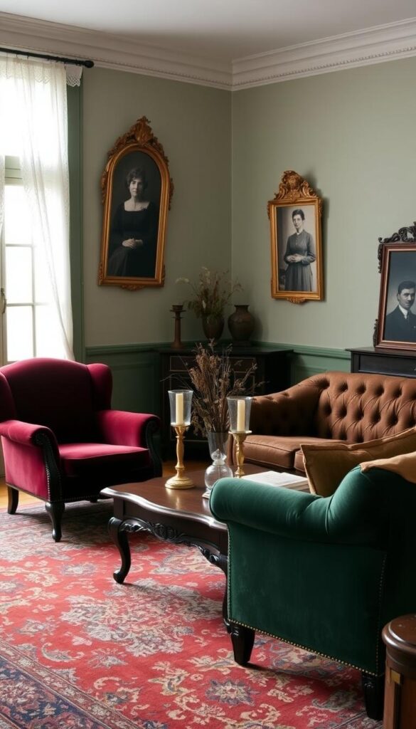 A cozy and inviting vintage living room with a warm, muted color palette. Soft, diffused natural light filters through lace-draped windows, casting a gentle glow on the weathered wood furniture and antique Persian rug. Plush velvet armchairs in deep burgundy and forest green flank a carved mahogany coffee table, adorned with brass candlesticks and a crystal vase of dried wildflowers. The walls are painted in a soft, muted sage green, complemented by ornate gilded mirrors and sepia-toned vintage photographs. A large, tufted chesterfield sofa in a rich, earthy brown anchors the space, creating a welcoming and timeless atmosphere. A cozy and inviting vintage living room with a warm, muted color palette. Soft, diffused natural light filters through lace-draped windows, casting a gentle glow on the weathered wood furniture and antique Persian rug. Plush velvet armchairs in deep burgundy and forest green flank a carved mahogany coffee table, adorned with brass candlesticks and a crystal vase of dried wildflowers. The walls are painted in a soft, muted sage green, complemented by ornate gilded mirrors and sepia-toned vintage photographs. A large, tufted chesterfield sofa in a rich, earthy brown anchors the space, creating a welcoming and timeless atmosphere.