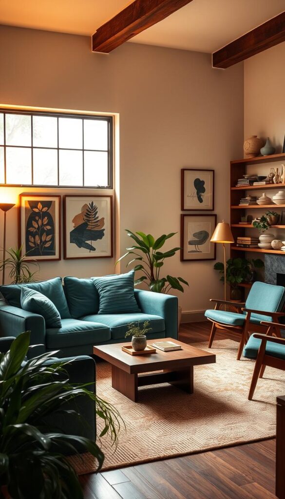 A cozy and inviting vintage modern living room design, bathed in warm, diffused lighting from a large picture window. The space features a plush, overstuffed teal velvet sofa paired with a sleek, minimalist wooden coffee table and a pair of mid-century modern lounge chairs. Lush, trailing plants and a large, textured area rug ground the scene, while a vintage brass floor lamp casts a soft glow. The walls are adorned with a gallery of framed abstract art pieces, complemented by rustic wood shelving displaying vintage ceramics and books. The overall atmosphere is one of refined elegance and timeless, eclectic charm.