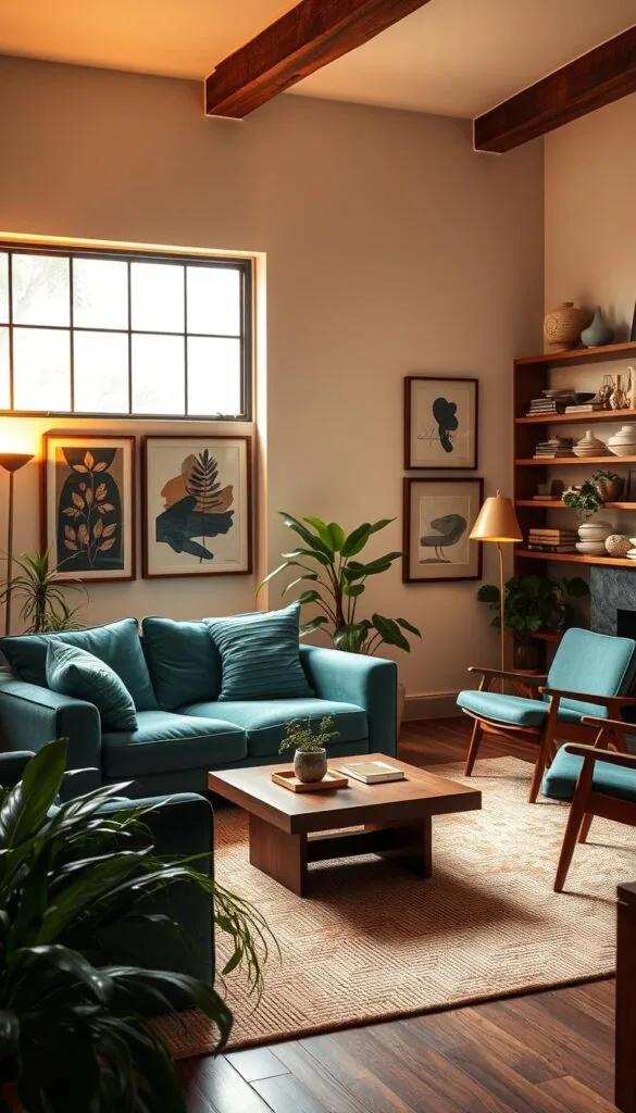 A cozy and inviting vintage modern living room design, bathed in warm, diffused lighting from a large picture window. The space features a plush, overstuffed teal velvet sofa paired with a sleek, minimalist wooden coffee table and a pair of mid-century modern lounge chairs. Lush, trailing plants and a large, textured area rug ground the scene, while a vintage brass floor lamp casts a soft glow. The walls are adorned with a gallery of framed abstract art pieces, complemented by rustic wood shelving displaying vintage ceramics and books. The overall atmosphere is one of refined elegance and timeless, eclectic charm.