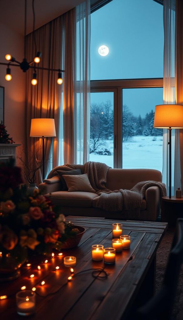 A cozy and inviting winter interior scene, bathed in a warm, ambient glow. In the foreground, an array of tasteful table lamps and string lights cast a soft, intimate light over a rustic wooden table, adorned with seasonal floral arrangements and candles. The middle ground features a large, plush sofa draped in a soft, knitted throw, flanked by tall, floor-standing lamps that create a gentle, diffused illumination. In the background, a large window overlooks a snowy landscape, the moonlight filtering through sheer curtains and adding a touch of serene, natural luminance to the scene. The overall mood is one of hygge - a sense of cozy, comfortable contentment, perfect for a chic, winter evening at home. A cozy and inviting winter interior scene, bathed in a warm, ambient glow. In the foreground, an array of tasteful table lamps and string lights cast a soft, intimate light over a rustic wooden table, adorned with seasonal floral arrangements and candles. The middle ground features a large, plush sofa draped in a soft, knitted throw, flanked by tall, floor-standing lamps that create a gentle, diffused illumination. In the background, a large window overlooks a snowy landscape, the moonlight filtering through sheer curtains and adding a touch of serene, natural luminance to the scene. The overall mood is one of hygge - a sense of cozy, comfortable contentment, perfect for a chic, winter evening at home.