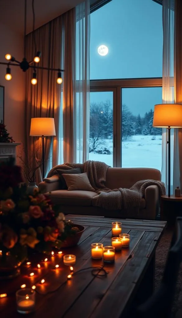 A cozy and inviting winter interior scene, bathed in a warm, ambient glow. In the foreground, an array of tasteful table lamps and string lights cast a soft, intimate light over a rustic wooden table, adorned with seasonal floral arrangements and candles. The middle ground features a large, plush sofa draped in a soft, knitted throw, flanked by tall, floor-standing lamps that create a gentle, diffused illumination. In the background, a large window overlooks a snowy landscape, the moonlight filtering through sheer curtains and adding a touch of serene, natural luminance to the scene. The overall mood is one of hygge - a sense of cozy, comfortable contentment, perfect for a chic, winter evening at home.