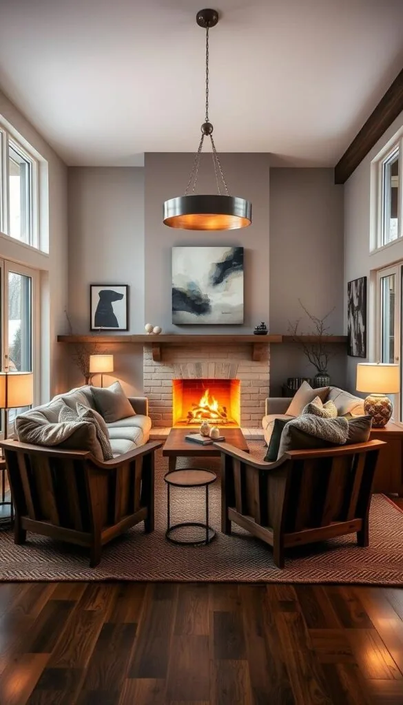 A cozy and inviting winter living room with a plush, oversized sofa arranged in front of a warm fireplace. The sofa is flanked by a pair of sturdy, wooden armchairs, creating an intimate seating arrangement. A large, woven rug grounds the space, adding texture and warmth. The room is illuminated by a mix of soft, ambient lighting from floor lamps and a central, brushed metal chandelier that casts a gentle glow. The walls are adorned with a few pieces of abstract artwork, complementing the natural tones of the furniture. Large windows allow the winter sunlight to filter in, creating a bright and welcoming atmosphere. A cozy and inviting winter living room with a plush, oversized sofa arranged in front of a warm fireplace. The sofa is flanked by a pair of sturdy, wooden armchairs, creating an intimate seating arrangement. A large, woven rug grounds the space, adding texture and warmth. The room is illuminated by a mix of soft, ambient lighting from floor lamps and a central, brushed metal chandelier that casts a gentle glow. The walls are adorned with a few pieces of abstract artwork, complementing the natural tones of the furniture. Large windows allow the winter sunlight to filter in, creating a bright and welcoming atmosphere.