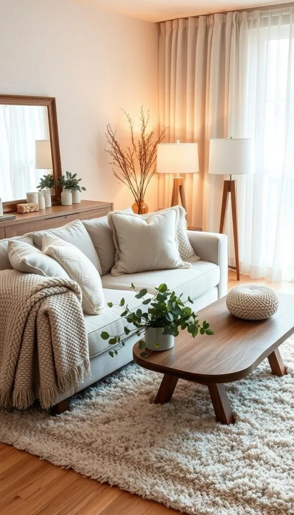 A cozy and inviting winter living room with plush, textured fabrics in neutral tones of beige, ivory, and soft gray. Plush velvet and chenille throw pillows adorn a deep, comfortable sofa, complemented by a chunky knit blanket draped over the arm. A fluffy, shag area rug grounds the space, surrounding a low wooden coffee table topped with a bouquet of fresh eucalyptus. Soft, ambient lighting filters through sheer curtains, casting a warm glow throughout the room. Wooden accents, such as a side table and a statement floor lamp, add natural warmth, while a large, framed mirror reflects the serene scene. The overall atmosphere is one of hygge - a sense of cozy contentment and well-being. A cozy and inviting winter living room with plush, textured fabrics in neutral tones of beige, ivory, and soft gray. Plush velvet and chenille throw pillows adorn a deep, comfortable sofa, complemented by a chunky knit blanket draped over the arm. A fluffy, shag area rug grounds the space, surrounding a low wooden coffee table topped with a bouquet of fresh eucalyptus. Soft, ambient lighting filters through sheer curtains, casting a warm glow throughout the room. Wooden accents, such as a side table and a statement floor lamp, add natural warmth, while a large, framed mirror reflects the serene scene. The overall atmosphere is one of hygge - a sense of cozy contentment and well-being.
