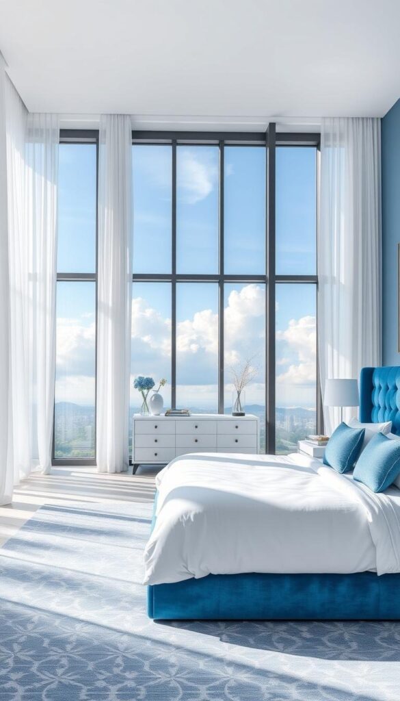 A cozy and serene blue and white bedroom, flooded with soft, natural lighting filtering through sheer white curtains. In the foreground, a plush, tufted blue velvet headboard frames a king-size bed, dressed in crisp white linens and soft blue accents. The middle ground features a delicate patterned blue and white area rug, with a sleek white dresser and minimal decor creating a calming, clutter-free environment. The background showcases a wall of tall windows, allowing the tranquil blue sky and billowing clouds to become the focal point, complementing the serene color palette. An overall sense of tranquility and relaxation permeates the scene. A cozy and serene blue and white bedroom, flooded with soft, natural lighting filtering through sheer white curtains. In the foreground, a plush, tufted blue velvet headboard frames a king-size bed, dressed in crisp white linens and soft blue accents. The middle ground features a delicate patterned blue and white area rug, with a sleek white dresser and minimal decor creating a calming, clutter-free environment. The background showcases a wall of tall windows, allowing the tranquil blue sky and billowing clouds to become the focal point, complementing the serene color palette. An overall sense of tranquility and relaxation permeates the scene.