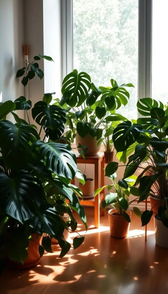 A cozy and serene indoor plant scene with lush greenery, soft natural lighting, and a tranquil atmosphere. In the foreground, a variety of thriving houseplants including fiddle-leaf fig, pothos, and monstera, arranged in a harmonious composition. The middle ground features a wooden plant stand or shelf, casting warm shadows on the floor. In the background, a large window allows diffused daylight to flood the space, creating a calming, zen-like ambiance. The entire scene is captured through a wide-angle lens, emphasizing the spaciousness and balance of the natural elements. An oasis of calm and relaxation, this image perfectly captures the essence of integrating plants for natural serenity in a Japandi-style living room.