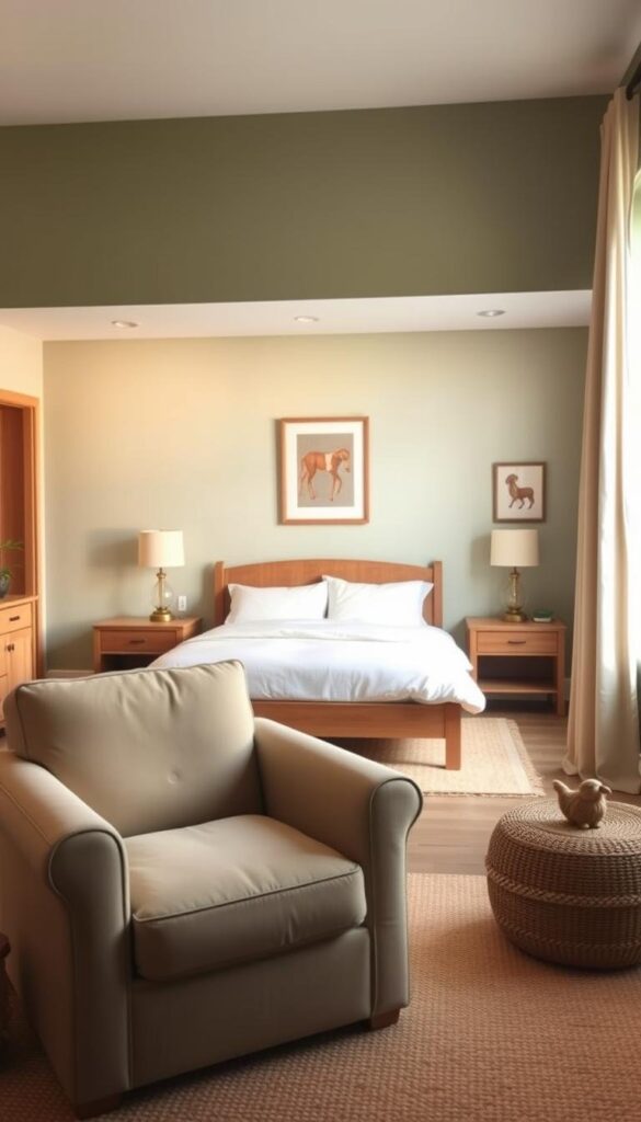 A cozy and serene sage green bedroom, filled with soft, neutral accents. The room is bathed in warm, diffused lighting, creating a tranquil ambiance. In the foreground, a plush, oversized armchair upholstered in a complementary beige fabric invites relaxation. The middle ground features a low-profile, wooden bed frame with crisp, white bedding and a pair of matching nightstands. On the walls, simple artwork in earthy tones enhances the calming atmosphere. The background showcases a large window, allowing natural light to filter in and highlight the room's soothing color palette. Subtle texture, such as a woven area rug and soft curtains, add depth and visual interest to the space. A cozy and serene sage green bedroom, filled with soft, neutral accents. The room is bathed in warm, diffused lighting, creating a tranquil ambiance. In the foreground, a plush, oversized armchair upholstered in a complementary beige fabric invites relaxation. The middle ground features a low-profile, wooden bed frame with crisp, white bedding and a pair of matching nightstands. On the walls, simple artwork in earthy tones enhances the calming atmosphere. The background showcases a large window, allowing natural light to filter in and highlight the room's soothing color palette. Subtle texture, such as a woven area rug and soft curtains, add depth and visual interest to the space.