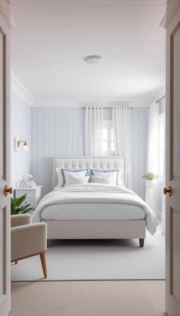 A cozy and serene small bedroom, bathed in a soothing palette of soft blue and pristine white. The walls feature delicate shiplap paneling, accentuating the room's tranquil ambiance. A plush, tufted bed with crisp white linens and soft blue accents takes center stage, complemented by a pair of sleek, minimalist nightstands. Subtle lighting from sconces and a low-profile ceiling fixture create a warm, inviting glow. In the corner, a cozy reading nook with a comfortable armchair and a potted plant adds a touch of greenery. A sheer white curtain panels frame the window, allowing natural light to filter in and enhance the room's calming atmosphere. A cozy and serene small bedroom, bathed in a soothing palette of soft blue and pristine white. The walls feature delicate shiplap paneling, accentuating the room's tranquil ambiance. A plush, tufted bed with crisp white linens and soft blue accents takes center stage, complemented by a pair of sleek, minimalist nightstands. Subtle lighting from sconces and a low-profile ceiling fixture create a warm, inviting glow. In the corner, a cozy reading nook with a comfortable armchair and a potted plant adds a touch of greenery. A sheer white curtain panels frame the window, allowing natural light to filter in and enhance the room's calming atmosphere.