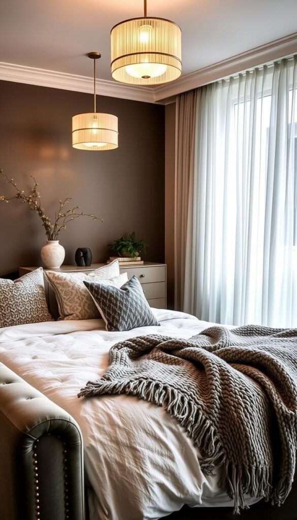 A cozy and sophisticated bedroom with a chic textiles-focused makeover. In the foreground, a plush upholstered bed frame is adorned with a mix of luxurious bedding - soft, textured duvet, patterned throw pillows, and a chunky knit blanket. The middle ground features a chic, modern dresser with a decorative vase and plants. The background showcases a feature wall in a moody, neutral hue, accentuated by a statement light fixture casting a warm, ambient glow. Sheer curtains frame the window, effortlessly blending the indoor and outdoor spaces. The overall mood is one of relaxed elegance, with the textiles and fabrics playing a central role in creating a visually stunning and comfortable retreat.