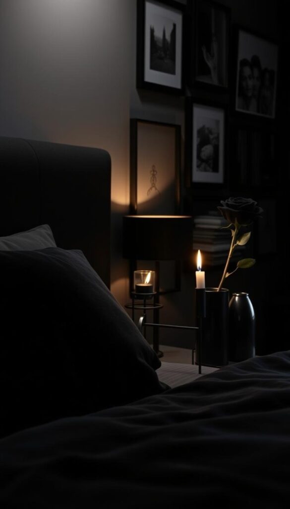 A cozy and sophisticated black bedroom with lush, textured accents. In the foreground, a luxurious velvet throw pillow in a deep ebony hue adds a touch of opulence. In the middle ground, a sleek black metal candle holder with flickering flames casts a warm glow, complemented by a minimalist black vase holding a single dark rose. The background features a moody, shadowy wall with a carefully curated gallery of framed black-and-white photographs. The lighting is a mix of soft, ambient illumination and dramatic chiaroscuro, creating an intimate and inviting atmosphere. A cozy and sophisticated black bedroom with lush, textured accents. In the foreground, a luxurious velvet throw pillow in a deep ebony hue adds a touch of opulence. In the middle ground, a sleek black metal candle holder with flickering flames casts a warm glow, complemented by a minimalist black vase holding a single dark rose. The background features a moody, shadowy wall with a carefully curated gallery of framed black-and-white photographs. The lighting is a mix of soft, ambient illumination and dramatic chiaroscuro, creating an intimate and inviting atmosphere.