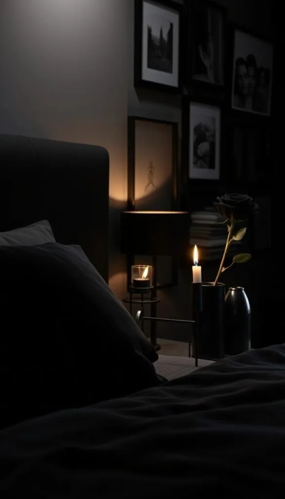 A cozy and sophisticated black bedroom with lush, textured accents. In the foreground, a luxurious velvet throw pillow in a deep ebony hue adds a touch of opulence. In the middle ground, a sleek black metal candle holder with flickering flames casts a warm glow, complemented by a minimalist black vase holding a single dark rose. The background features a moody, shadowy wall with a carefully curated gallery of framed black-and-white photographs. The lighting is a mix of soft, ambient illumination and dramatic chiaroscuro, creating an intimate and inviting atmosphere.