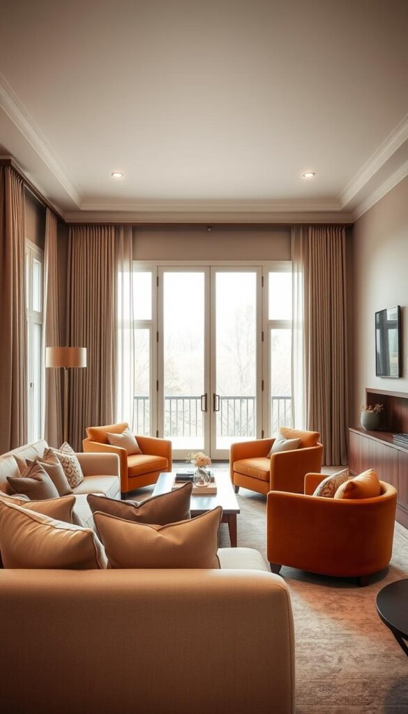 A cozy and sophisticated living room with warm neutral tones. A large, plush beige sofa sits in the foreground, accented with soft, earth-toned throw pillows. In the middle ground, a low, wooden coffee table is surrounded by two matching armchairs in a rich, caramel hue. The walls are painted in a soothing, light taupe shade, complemented by textured linen curtains that frame large windows, allowing natural light to flood the space. Subtle brass and wood accents, such as a sleek floor lamp and a wall-mounted media unit, add a touch of warmth and elegance. The overall atmosphere is one of relaxed sophistication, creating a welcoming and inviting living environment. A cozy and sophisticated living room with warm neutral tones. A large, plush beige sofa sits in the foreground, accented with soft, earth-toned throw pillows. In the middle ground, a low, wooden coffee table is surrounded by two matching armchairs in a rich, caramel hue. The walls are painted in a soothing, light taupe shade, complemented by textured linen curtains that frame large windows, allowing natural light to flood the space. Subtle brass and wood accents, such as a sleek floor lamp and a wall-mounted media unit, add a touch of warmth and elegance. The overall atmosphere is one of relaxed sophistication, creating a welcoming and inviting living environment.