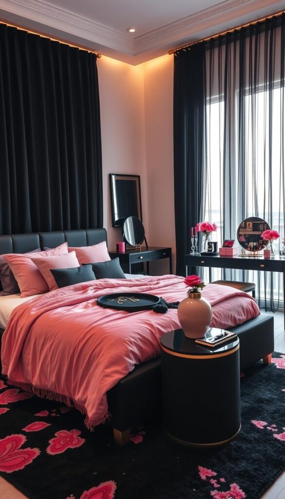 A cozy and stylish black and pink bedroom, filled with an array of decor accessories that complement the color scheme. In the foreground, a plush pink throw blanket and matching decorative pillows adorn a sleek black platform bed, bathed in soft, warm lighting. On the bedside tables, elegant black candles and a pink ceramic vase with fresh flowers add a touch of elegance. In the middle ground, a black and gold vanity table displays an assortment of makeup and jewelry, while a black and pink rug adds texture and depth to the space. In the background, sheer black curtains frame a large window, allowing natural light to filter in and create a serene, dreamy atmosphere.