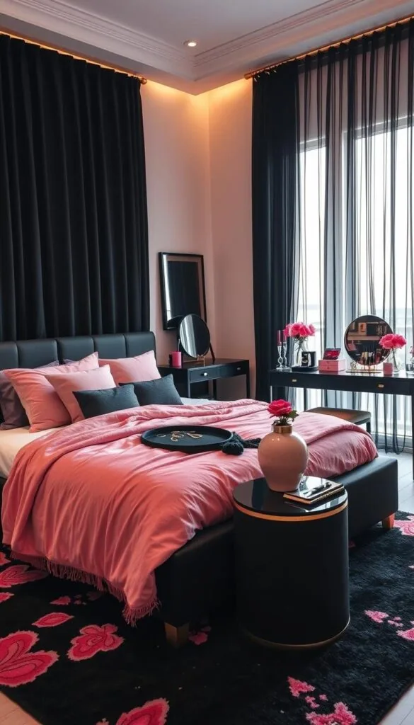 A cozy and stylish black and pink bedroom, filled with an array of decor accessories that complement the color scheme. In the foreground, a plush pink throw blanket and matching decorative pillows adorn a sleek black platform bed, bathed in soft, warm lighting. On the bedside tables, elegant black candles and a pink ceramic vase with fresh flowers add a touch of elegance. In the middle ground, a black and gold vanity table displays an assortment of makeup and jewelry, while a black and pink rug adds texture and depth to the space. In the background, sheer black curtains frame a large window, allowing natural light to filter in and create a serene, dreamy atmosphere.